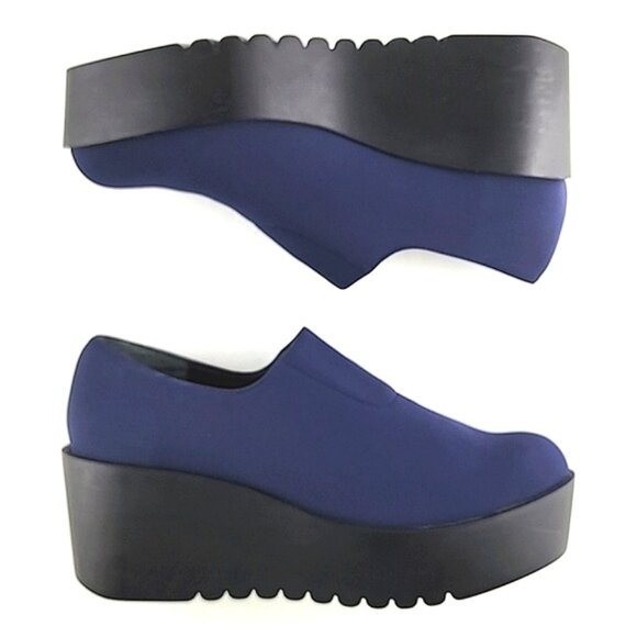 Donald Pliner Women's Cape Blue Black Wedge Platform Shoes Stretch Size 7.5M - Picture 1 of 16